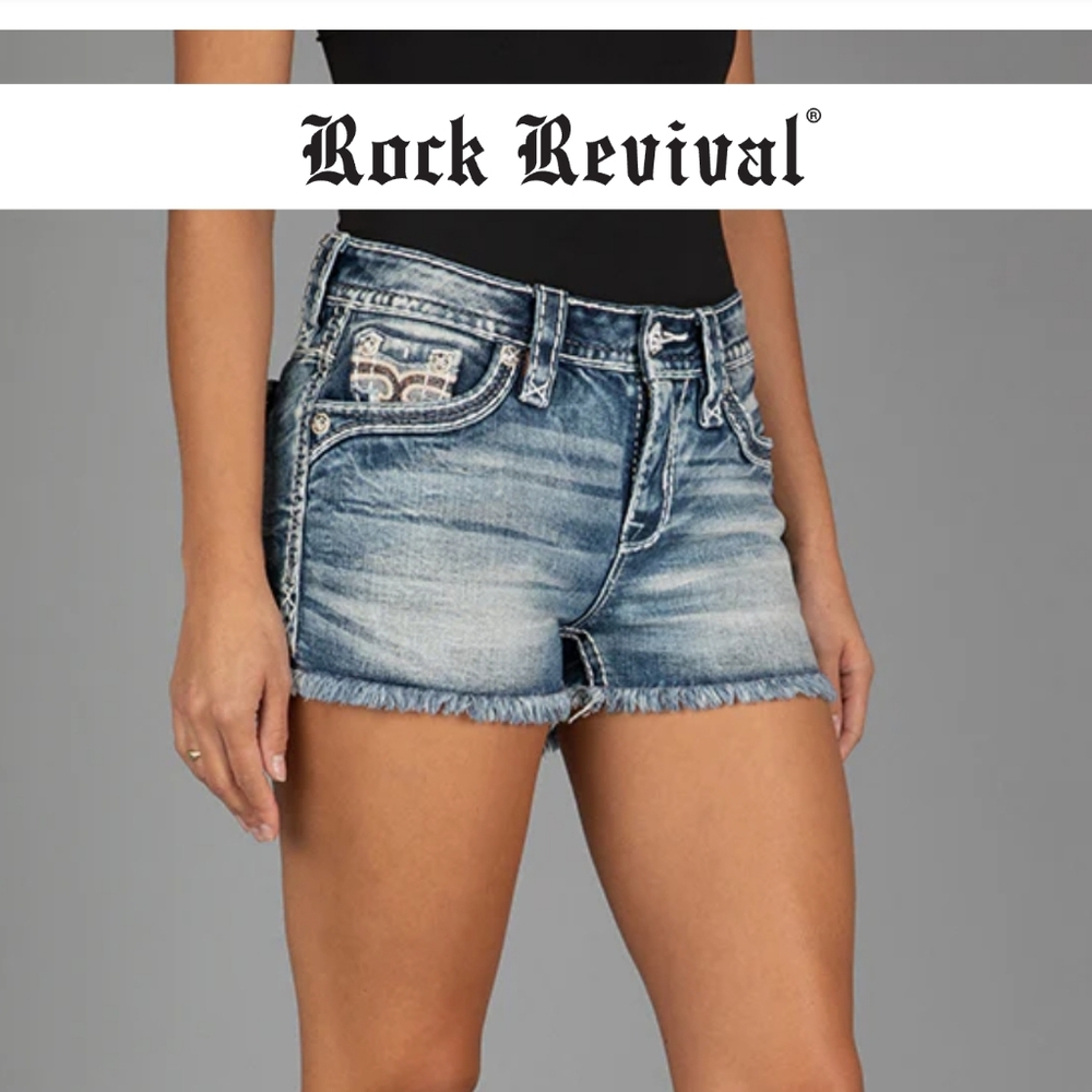 Rock Revival Women's Blue Denim Lorelei Mid-Rise Shorts, Size 25.